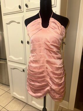 Astr the Label Merida Pink Ruched Satin Mini Dress with Keyhole Neckline